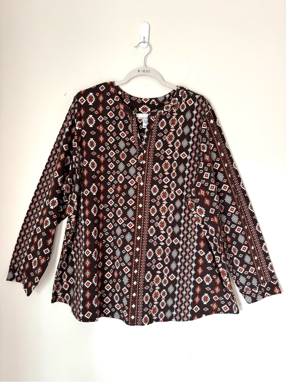 Denim & Co. Brown southwestern Print Long Sleeve Top 2X